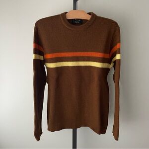 70s Vintage Norvyk 100% Wool Knit Ski Sweater Brown Yellow Orange Stripe Alpine